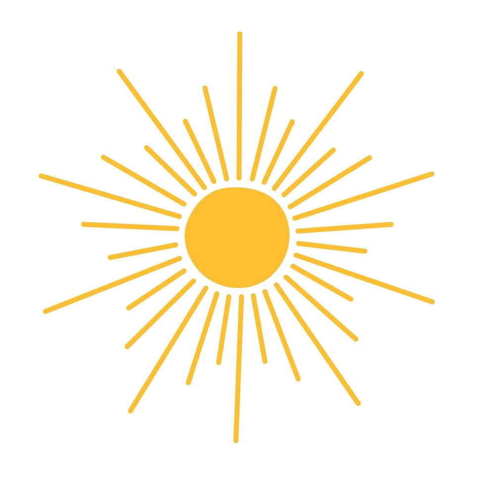 Simple yellow sun vector flat illustration with round shape middle and beams, cute summer image