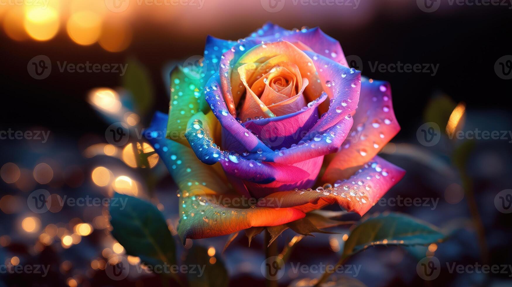 AI generated A stunning multicolored rose, adorned with delicate dew drops, captivates in an enchanting close-up view. Ai Generated. photo