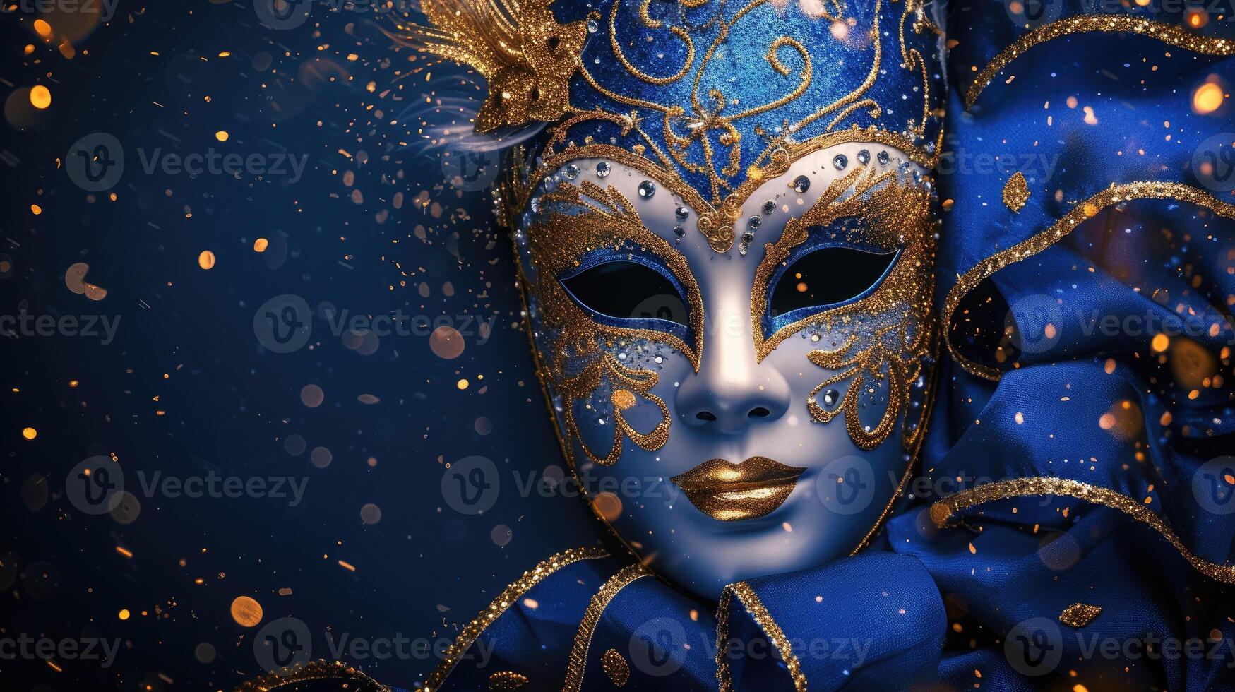 AI generated Ornate Venetian carnival mask adorned with gold decorations against a deep blue background. Ai Generated. photo