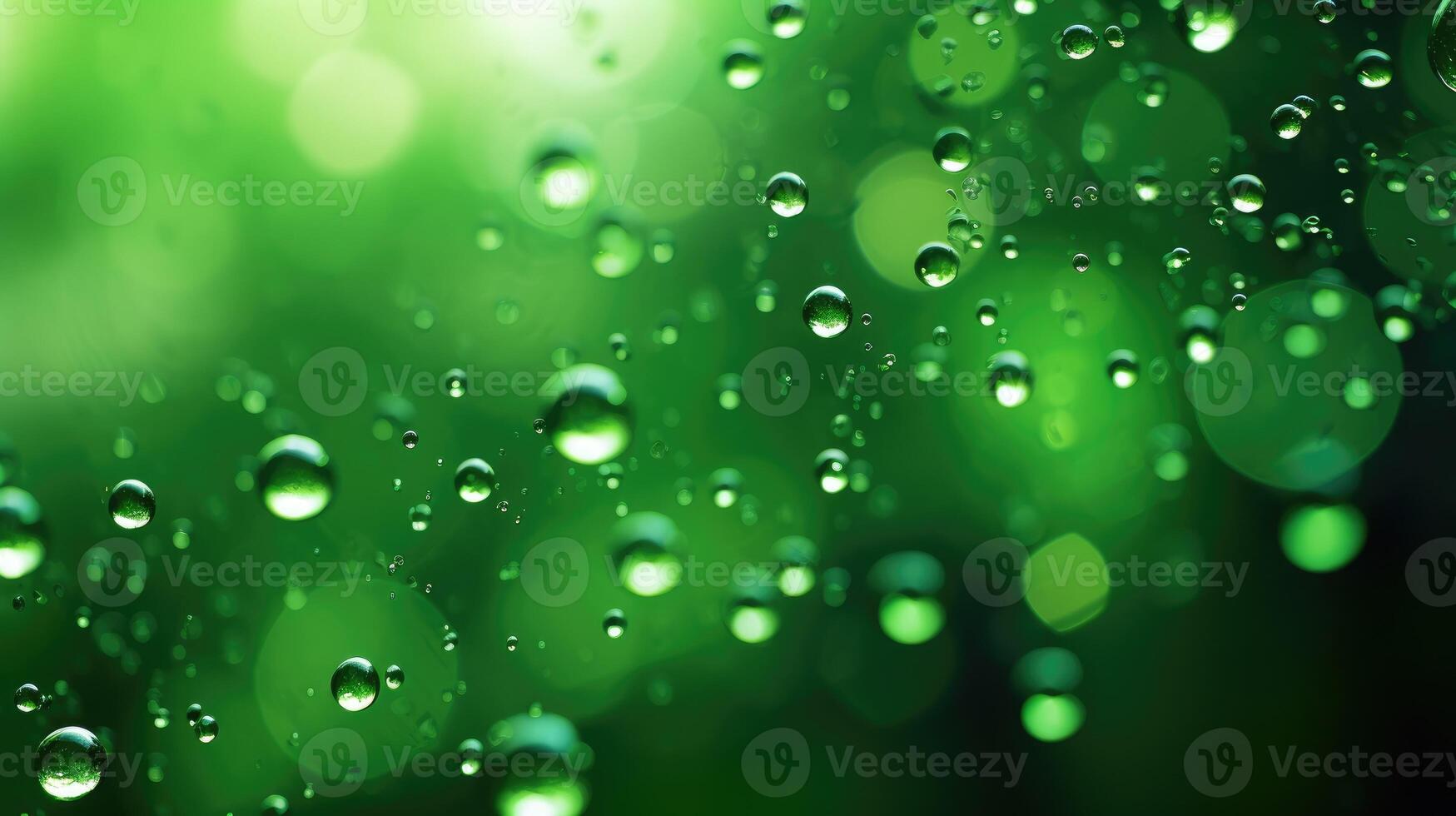 AI generated Close-up captures bright green water droplets suspended in the air, creating a bokeh effect. Ai Generated. photo