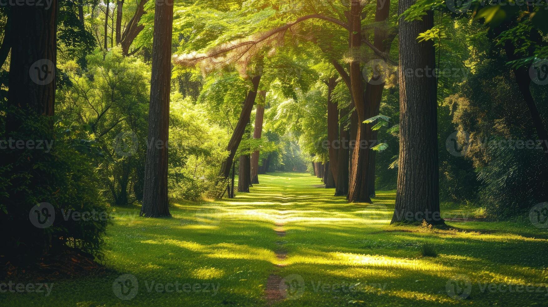 AI generated A green forest park offers enchanting scenery, nature's haven with tranquil beauty, Ai Generated. photo