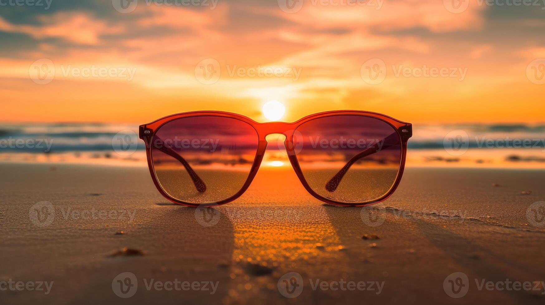 AI generated Orange sunglasses rest on sandy shores, framing a vibrant sunset over the tranquil ocean, Ai Generated photo