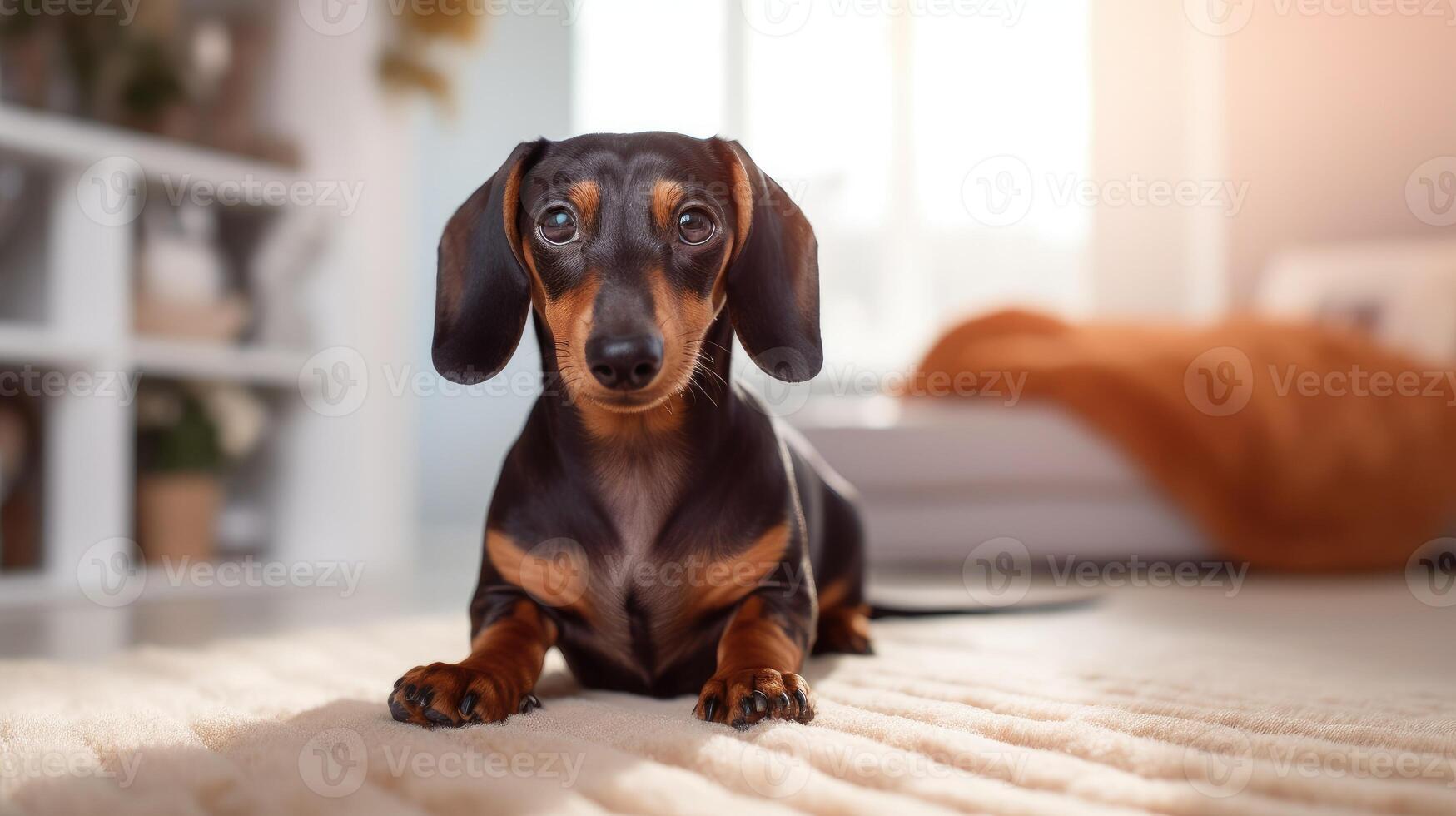 AI generated A cute Dachshund lounges on a white living room carpet. Ai Generated. photo