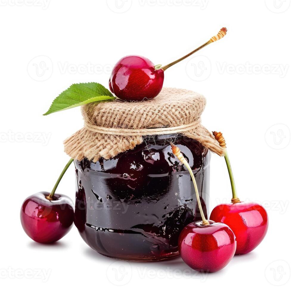 AI generated Delectable cherry jam marmalade jelly preserves in a glass jar, accompanied by fresh cherries, presented on a clean white backdrop, Ai Generated. photo