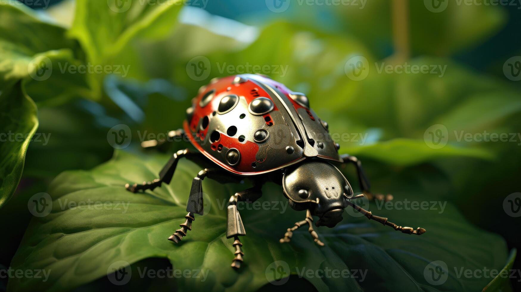 AI generated Metal ladybug resting gracefully on a vibrant green leaf, adding a touch of whimsy to nature, Ai Generated. photo