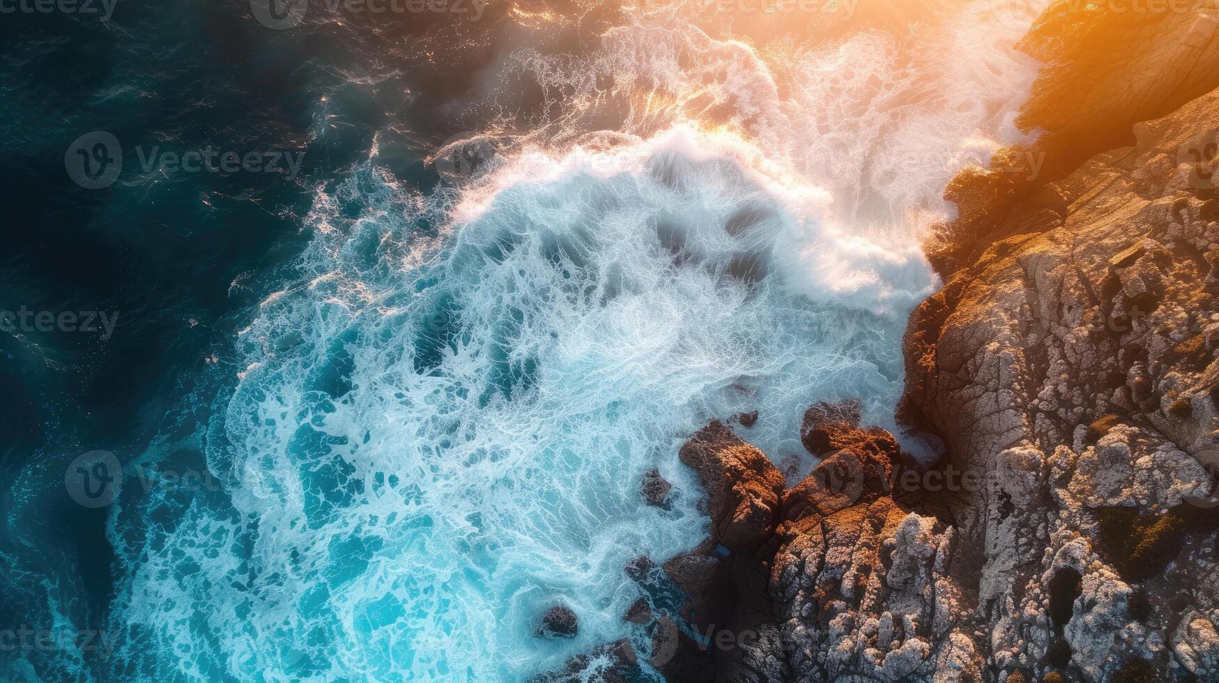 AI generated Spectacular drone view captures an ocean wave crashing on a rocky cliff, with a sunset horizon backdrop. Ai Generated. photo