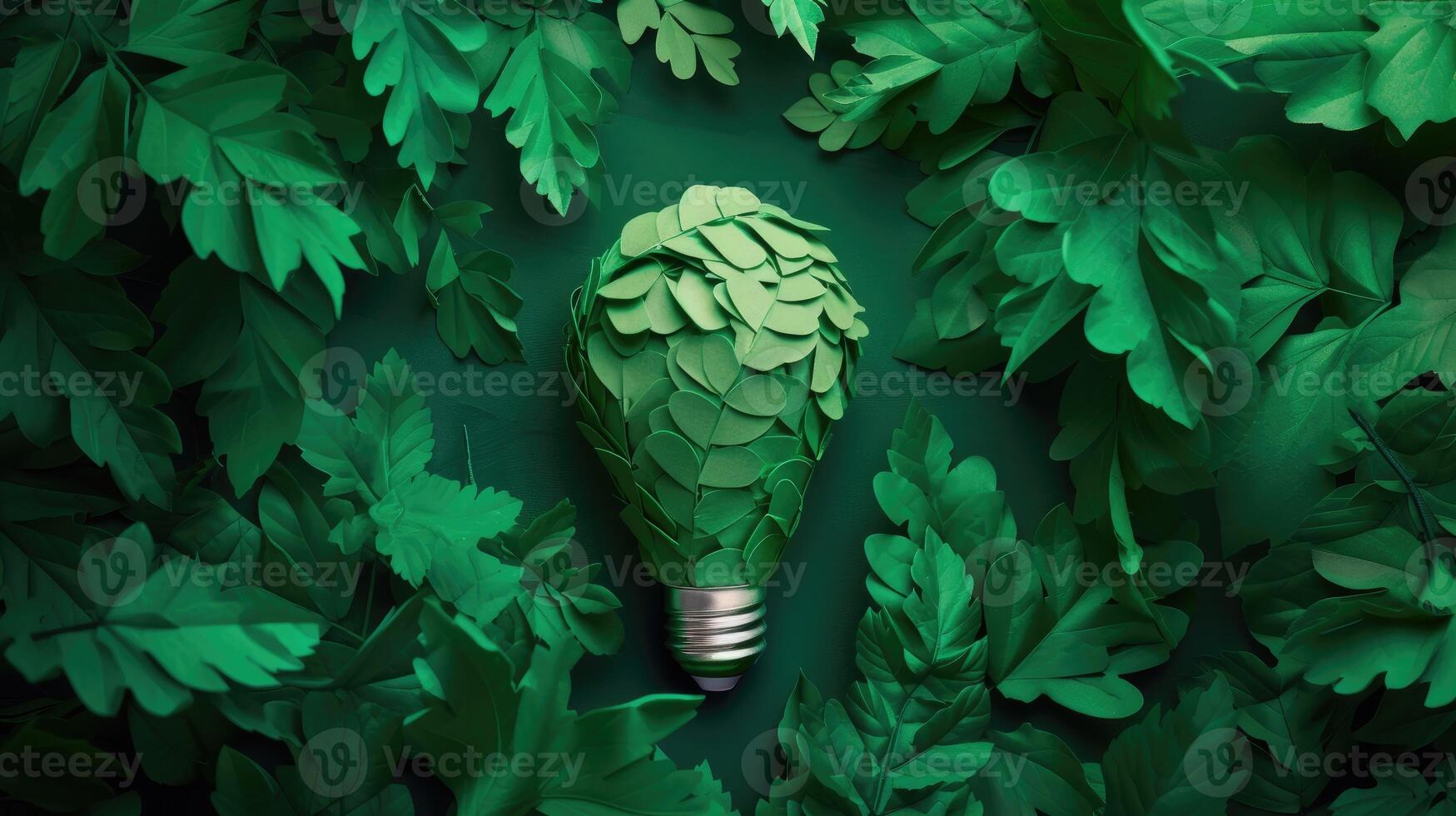 AI generated Innovative eco-friendly lightbulb crafted from vibrant green paper leaves, symbolizing sustainability, Ai Generated. photo