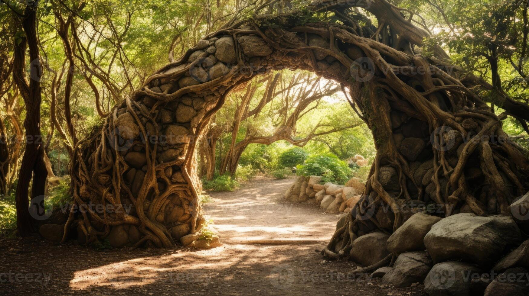 AI generated In the forest, branches form a natural archway, Ai Generated photo