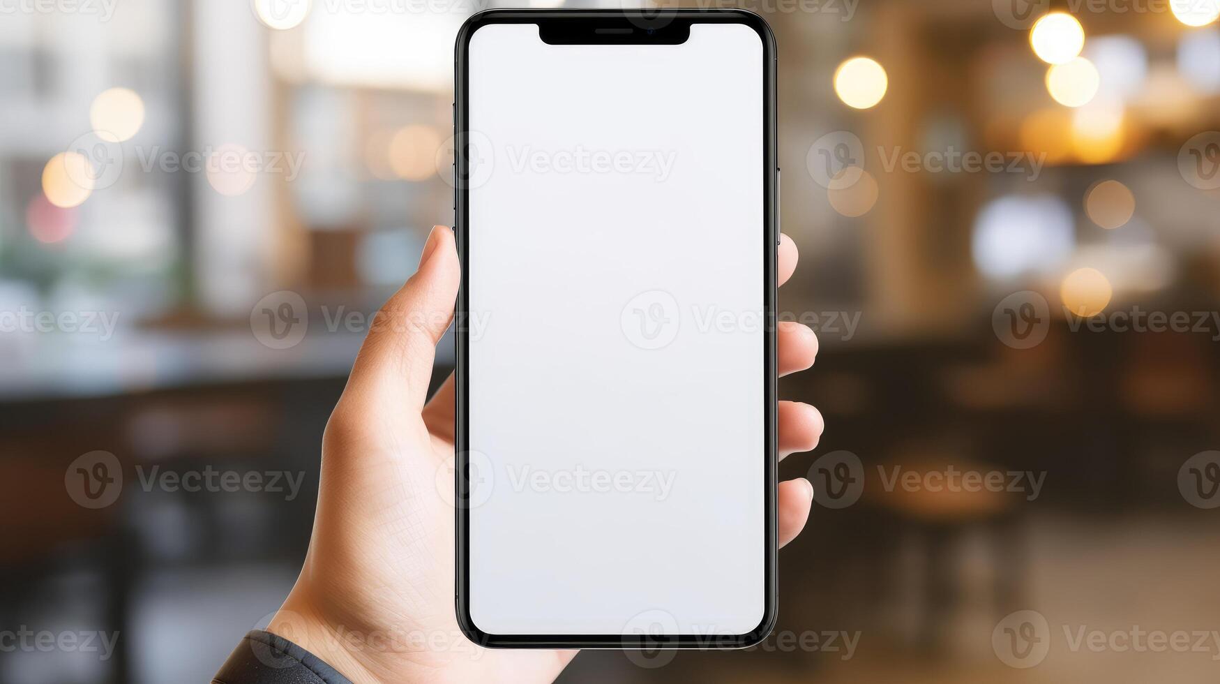 AI generated Human hand holds mobile phone mockup with blank white screen, perfect for showcasing digital designs. Ai Generated photo