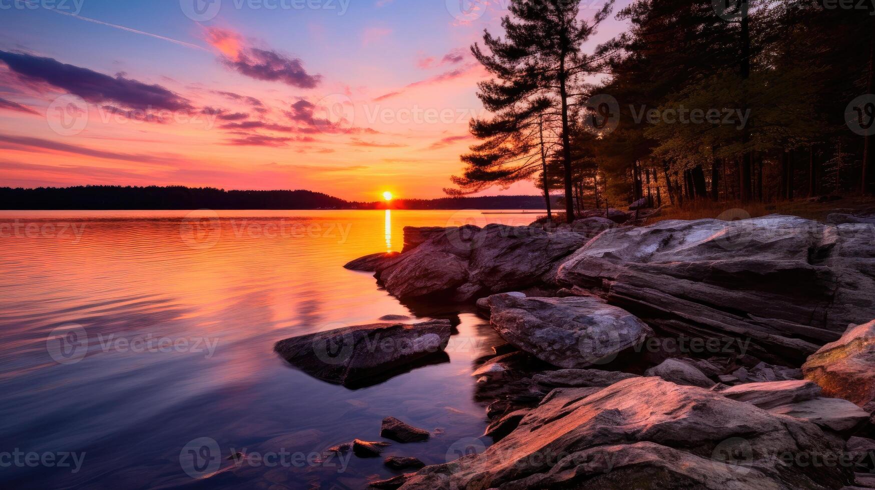 AI generated Stones rest in the lake, embraced by the gentle hues of sunrise in a captivating landscape. Ai Generated. photo