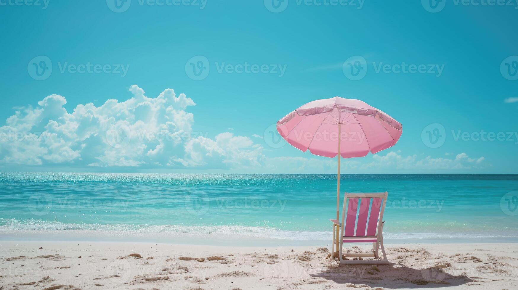 AI generated A little pink parasol and chair grace the sandy shore, embodying the essence of a perfect summer vacation by the sea. Ai Generated. photo