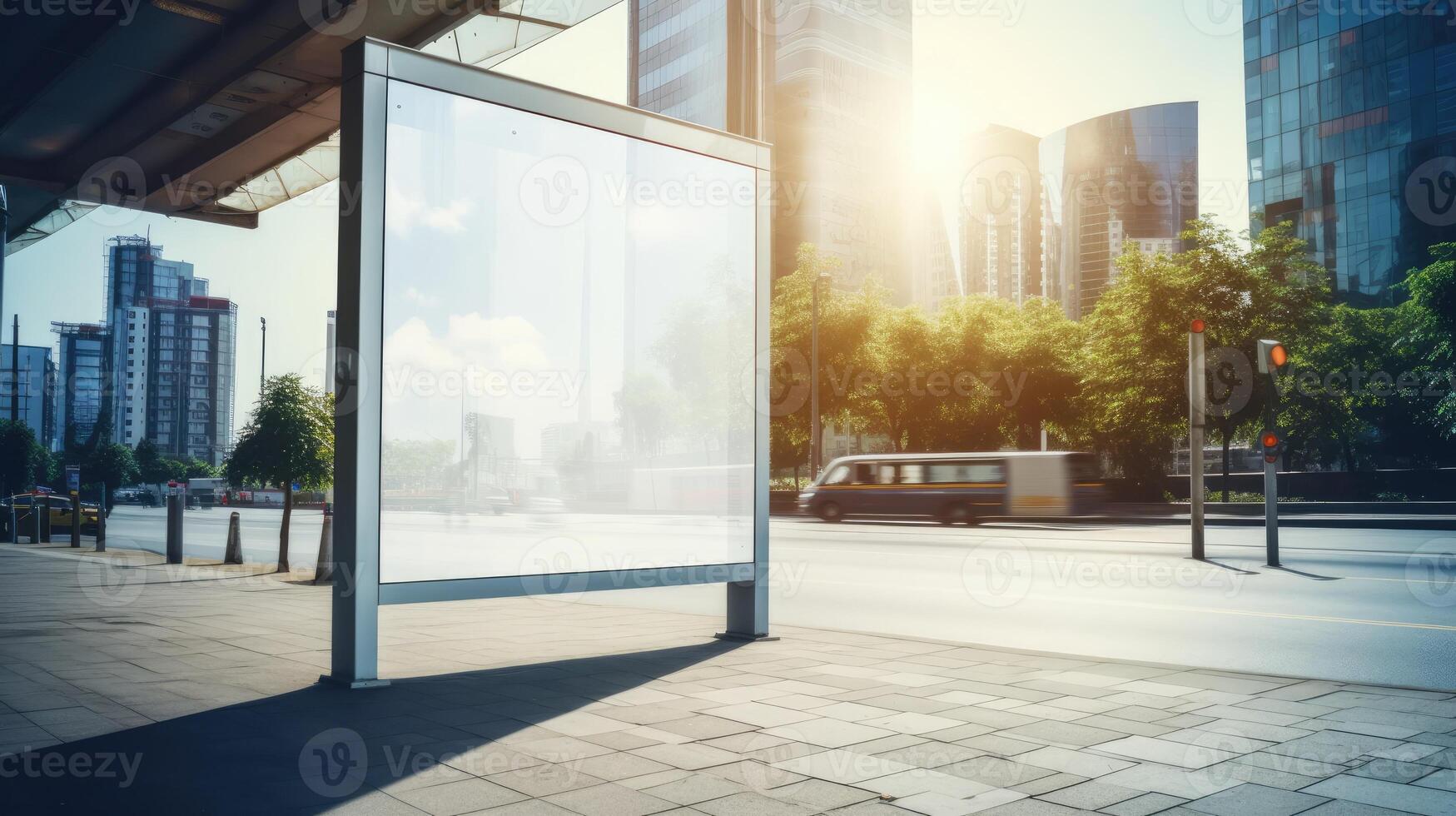 AI generated A vertical blank white billboard stands at a bus stop on a city street, offering advertising space. Ai Generated photo