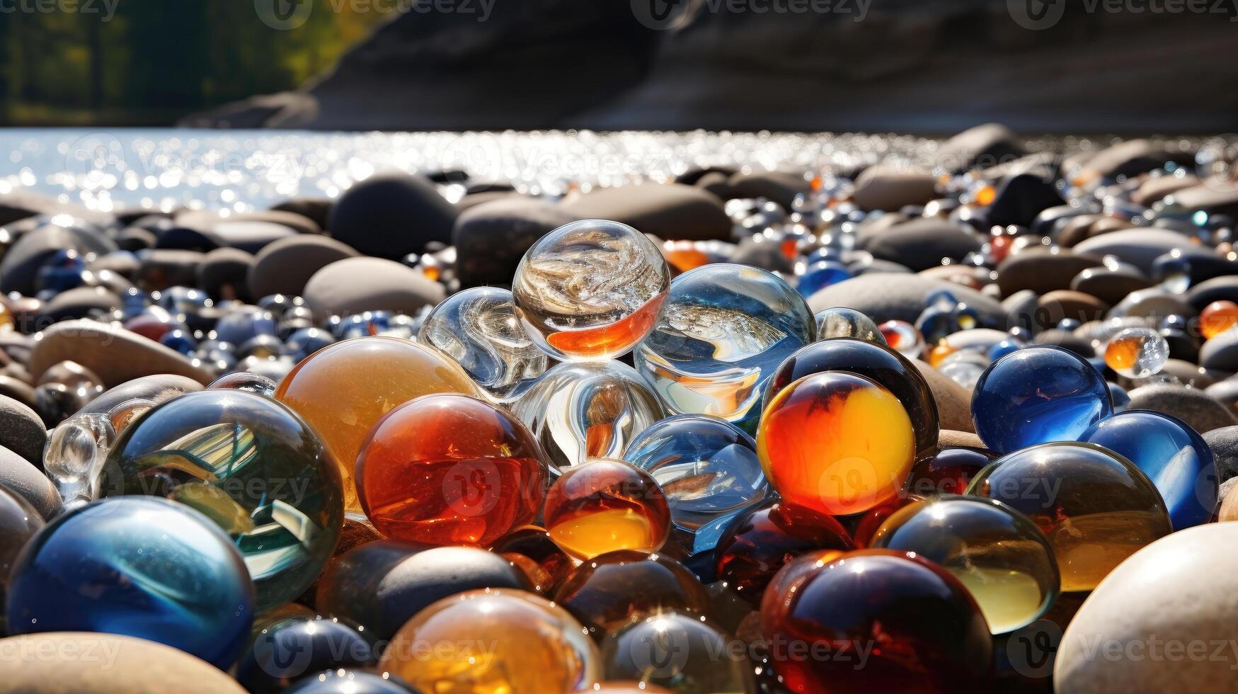 AI generated Assorted glass marbles are scattered among river stones, forming a vibrant and playful mosaic of colors and textures. Ai Generated photo