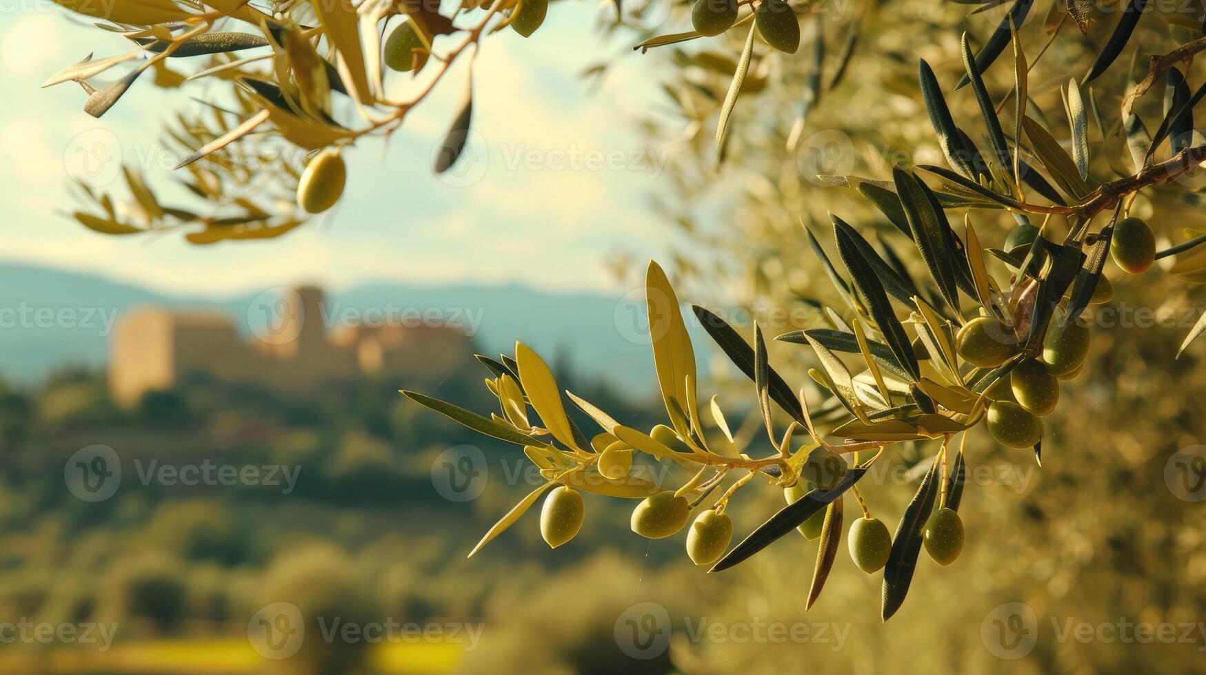 AI generated Olive branches adorn an olive grove near a medieval Mediterranean castle, evoking a rustic charm. Ai Generated photo