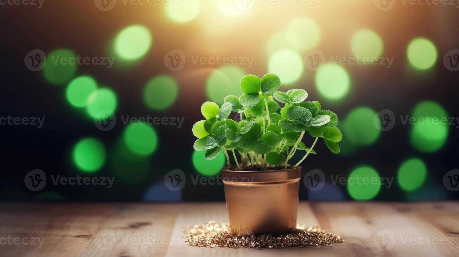 AI generated A green clover plant sits in a pot on a wooden table, with a bokeh light background, creating a serene and enchanting setting. Ai Generated. photo