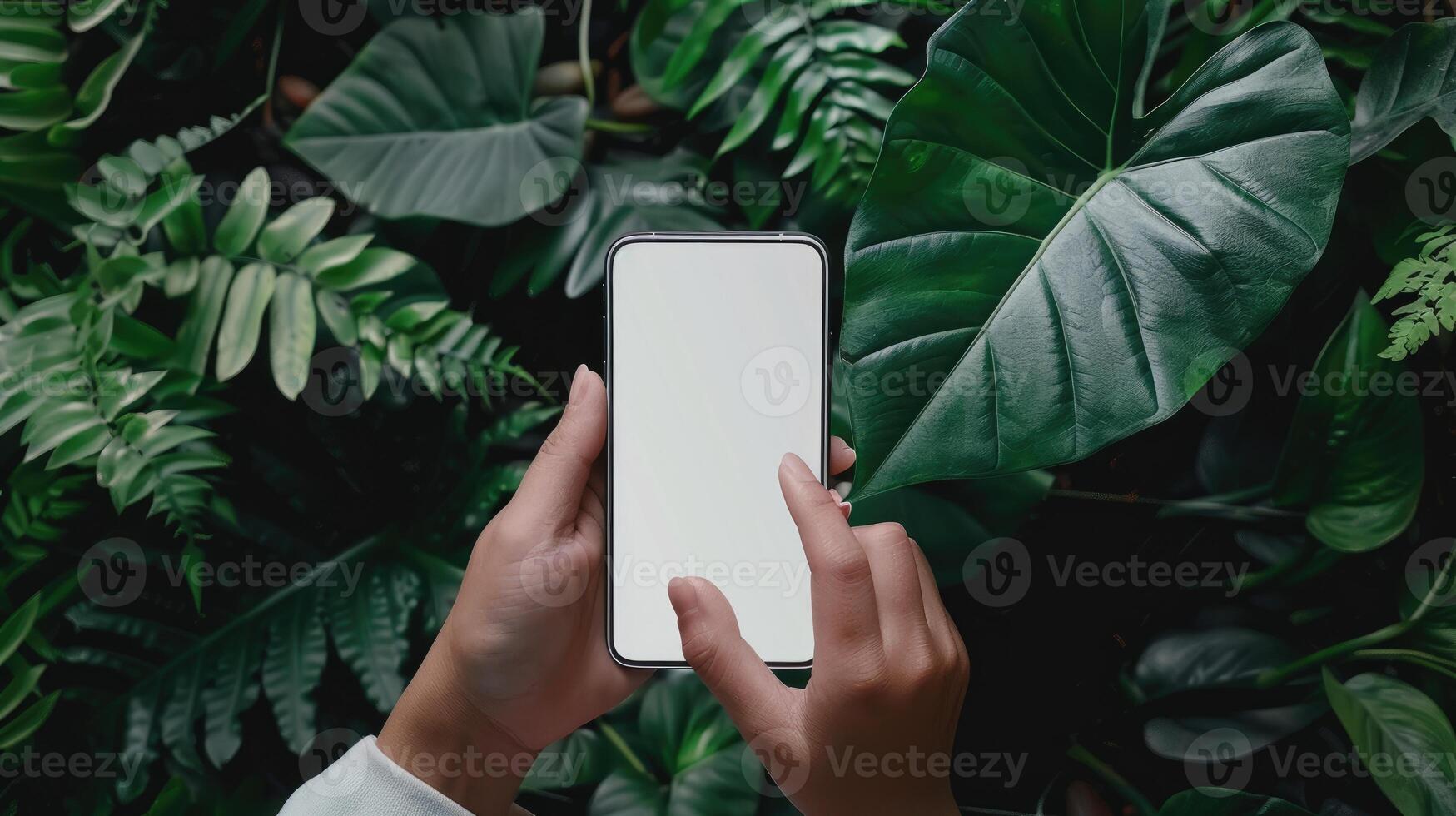 AI generated A top view of a hand using a phone with a white screen, perfect for showcasing mobile app designs or digital content. Ai Generated photo