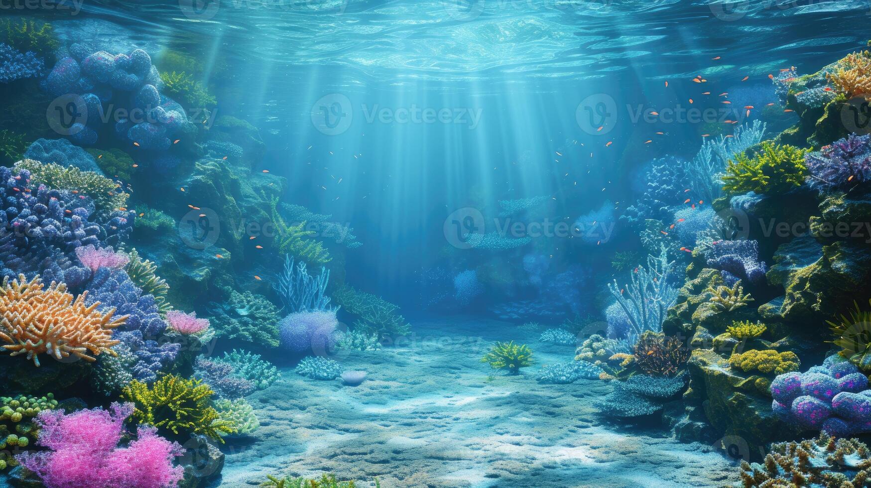 AI generated Underwater ocean landscape with clay coral reefs, creating a mesmerizing 3D background design. Ai Generated photo