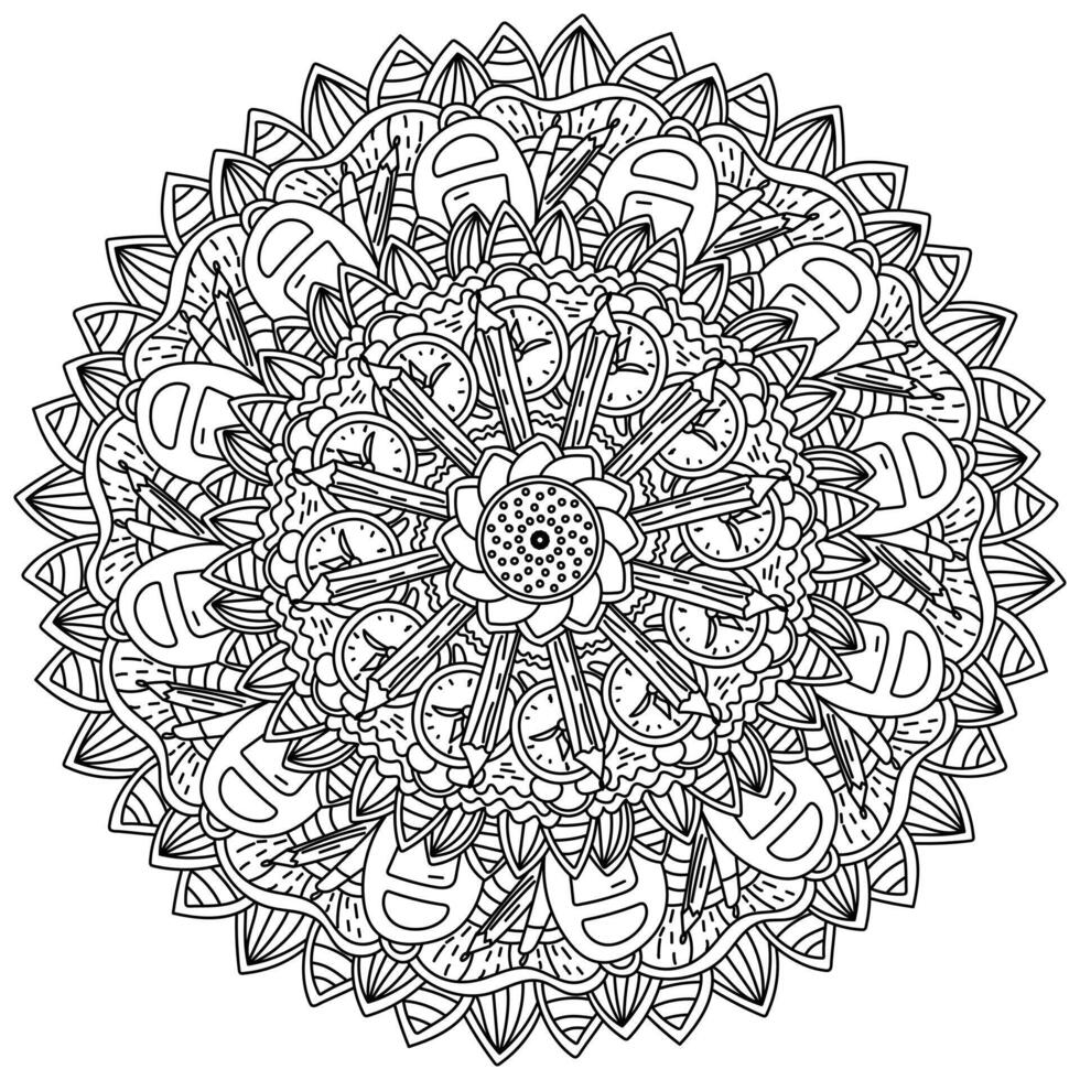 Doodle mandala about school attributes, zen coloring page with ornate petals and objects on an educational theme vector