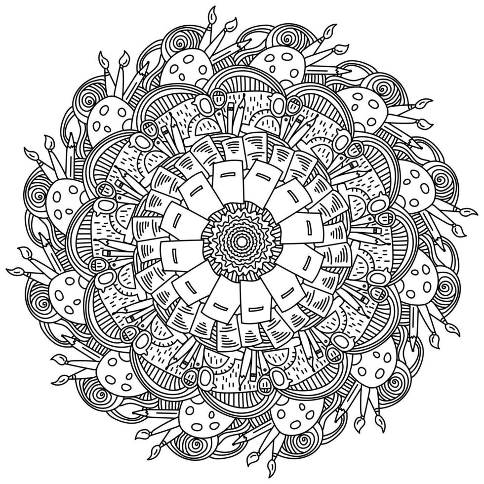 Meditative mandala on the theme of education and creativity, coloring page with zen patterns and objects vector