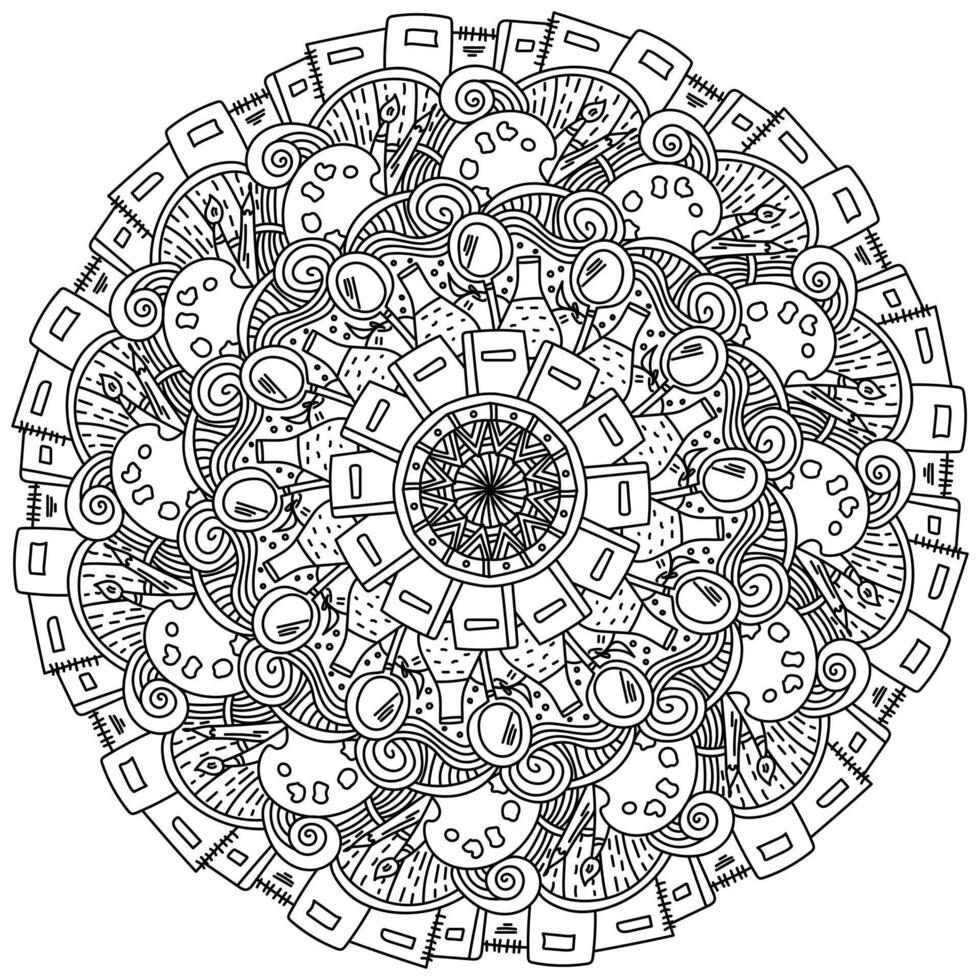 Outline mandala about school attributes, doodle coloring page with ornate swirls and items on an educational theme vector