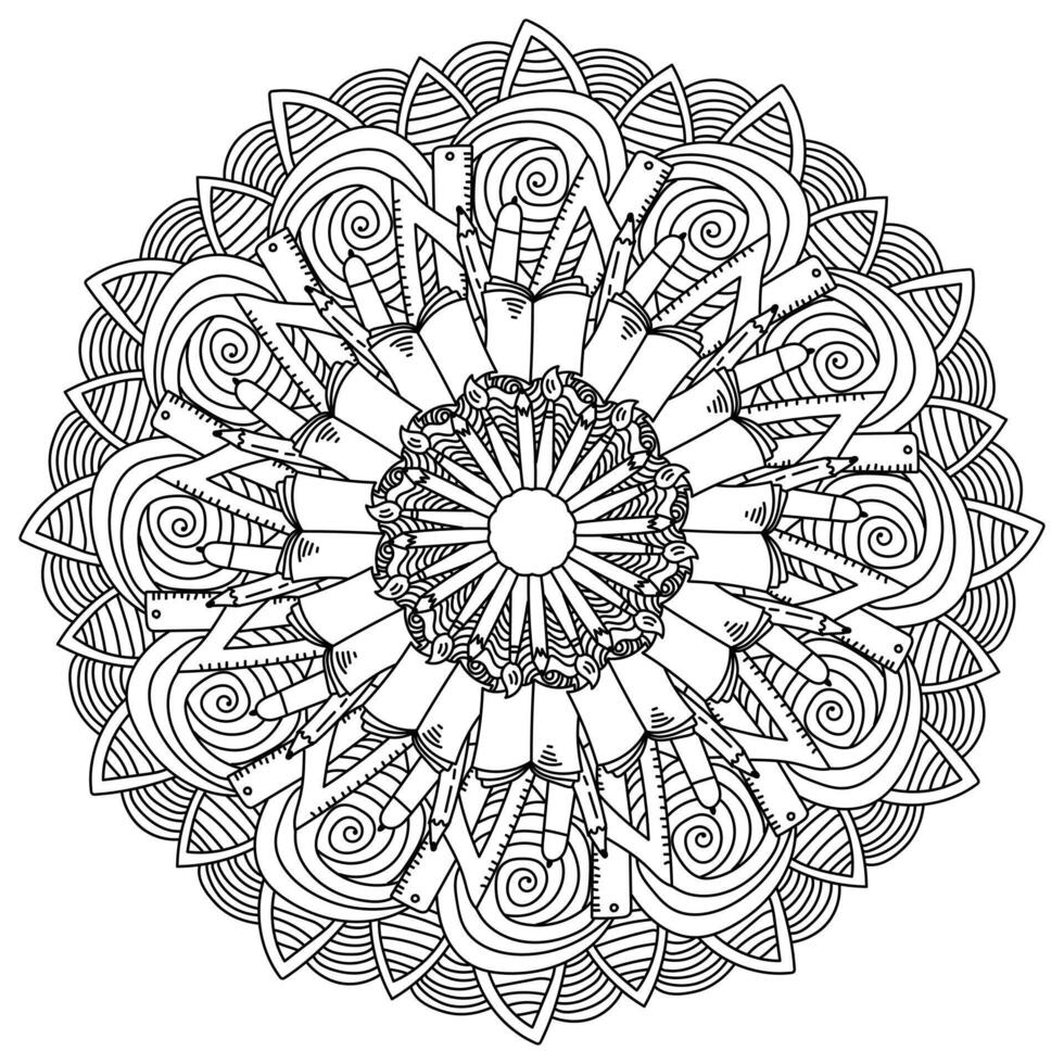 Outline mandala on education and school theme, meditative coloring page with ornate patterns vector