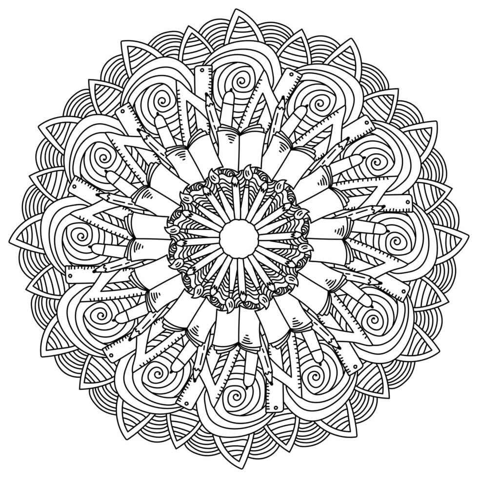 contorno mandala en educación y colegio tema, meditativo colorante página con florido patrones vector