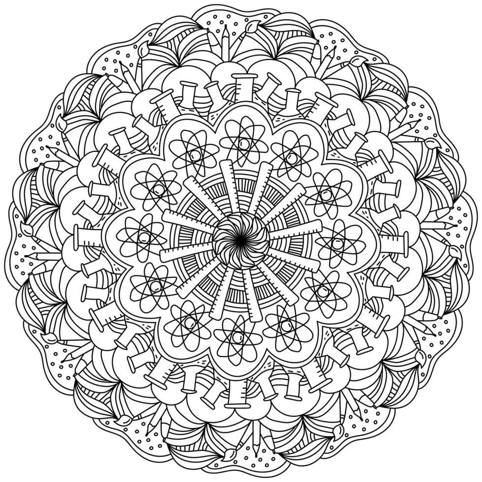 Fantasy mandala on the theme of science and education, coloring page with meditative patterns vector