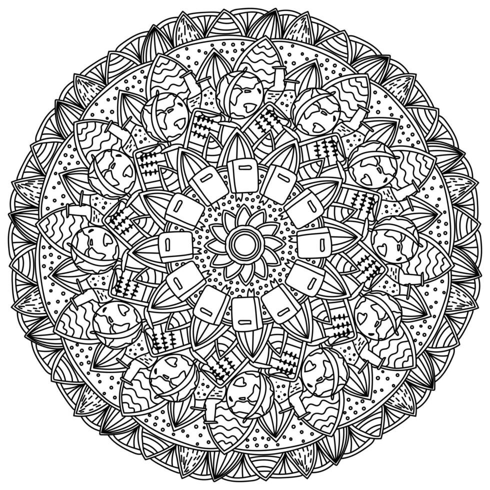 Creative mandala about education, meditative coloring page with ornate patterns and objects on a school theme vector