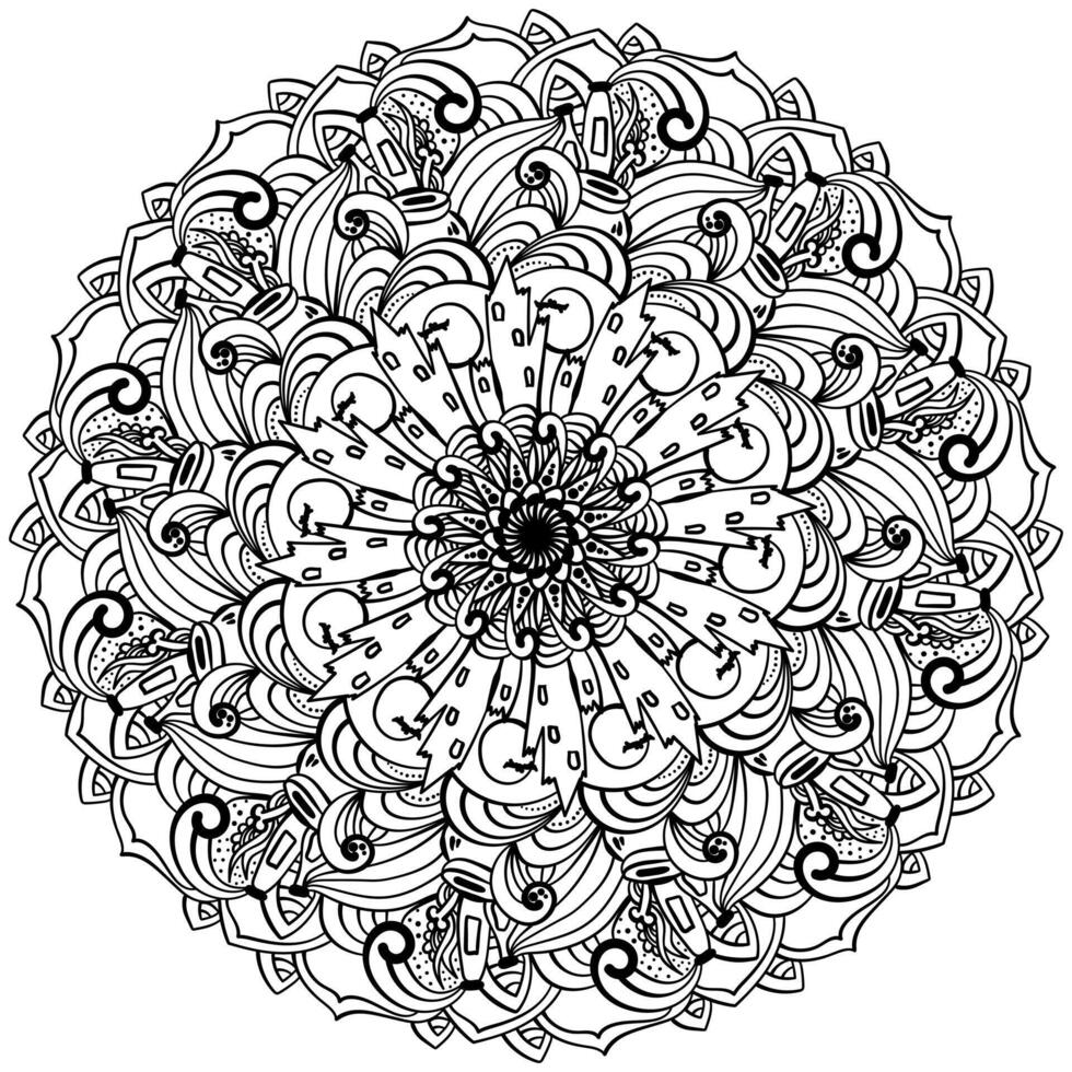 Outline mandala with Halloween attributes, night castle, witch's cauldron and ornate pattern coloring page for activity vector