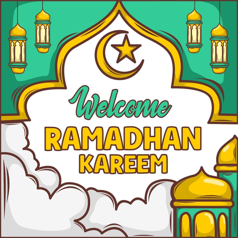 Ramadan mubarak banner  flyer. Greeting card for traditional muslim holiday happy celebration. Islamic greeting poster. Vector illustration.