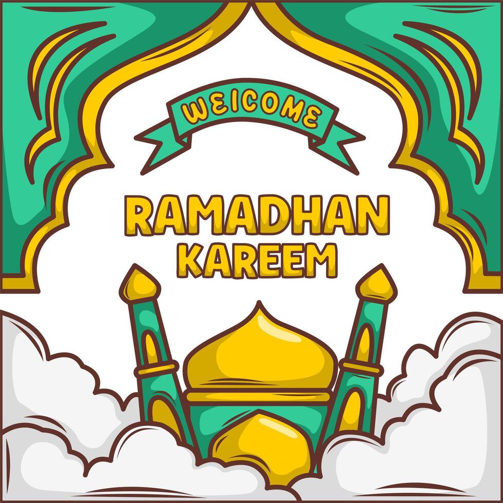 Ramadan mubarak banner  flyer. Greeting card for traditional muslim holiday happy celebration. Islamic greeting poster. Vector illustration.