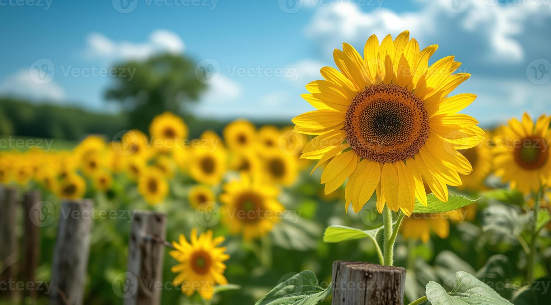 AI generated Golden sunflower on field and blue sky stock photo