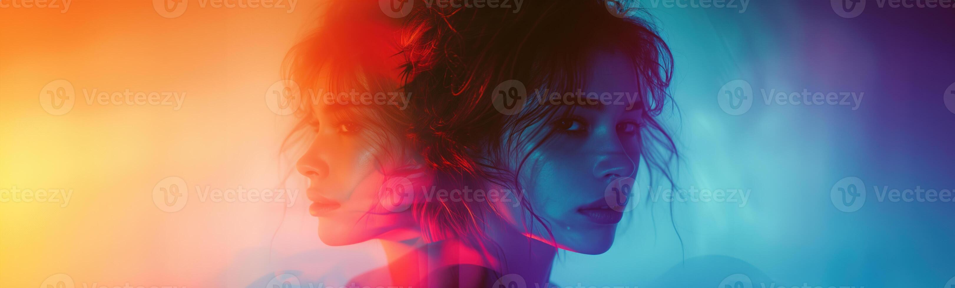 AI generated Girl with a woman colorful background, in the style of deconstructed minimalism, double exposure photo
