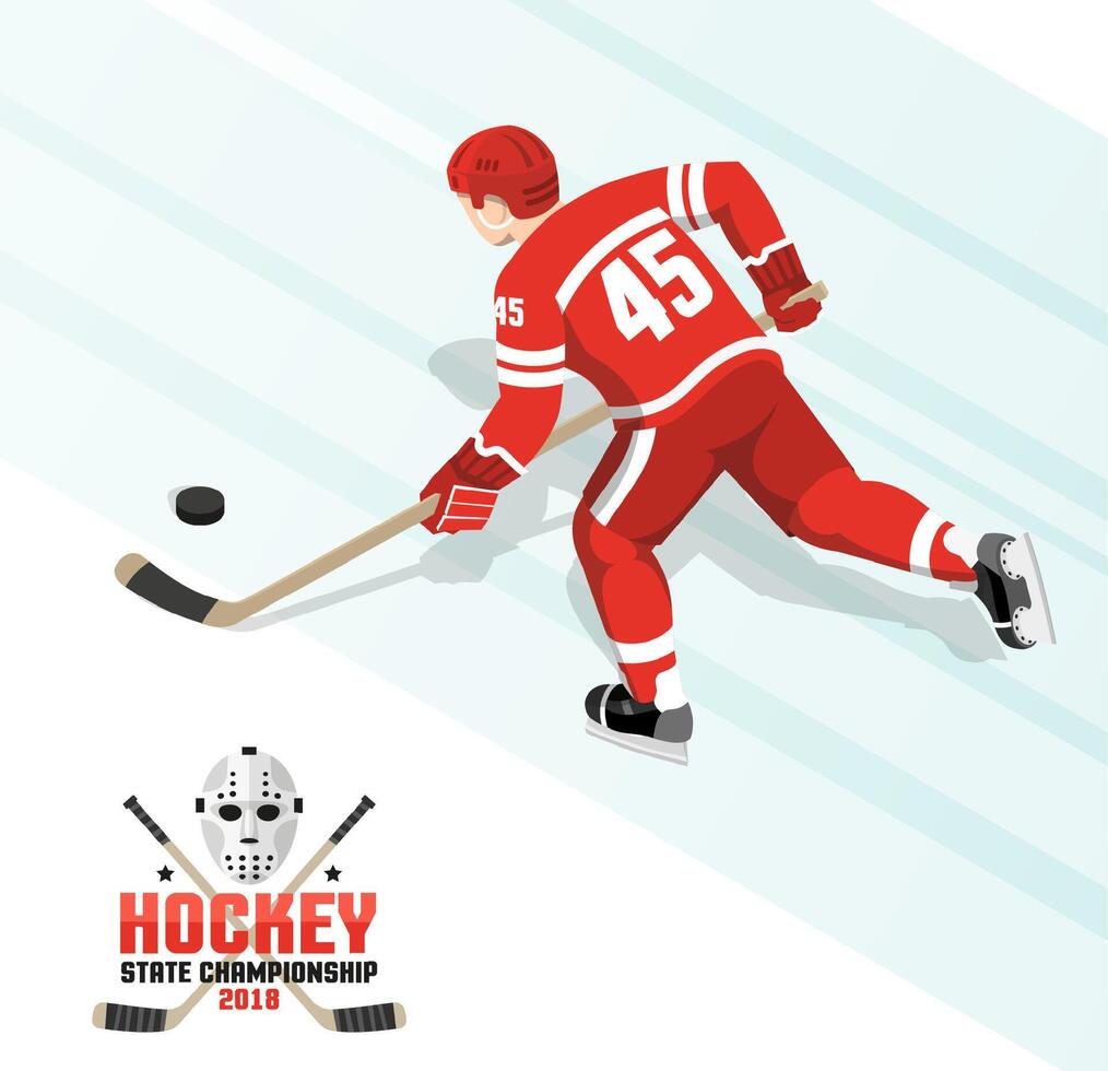 Ice hockey player with puck in red uniform vector
