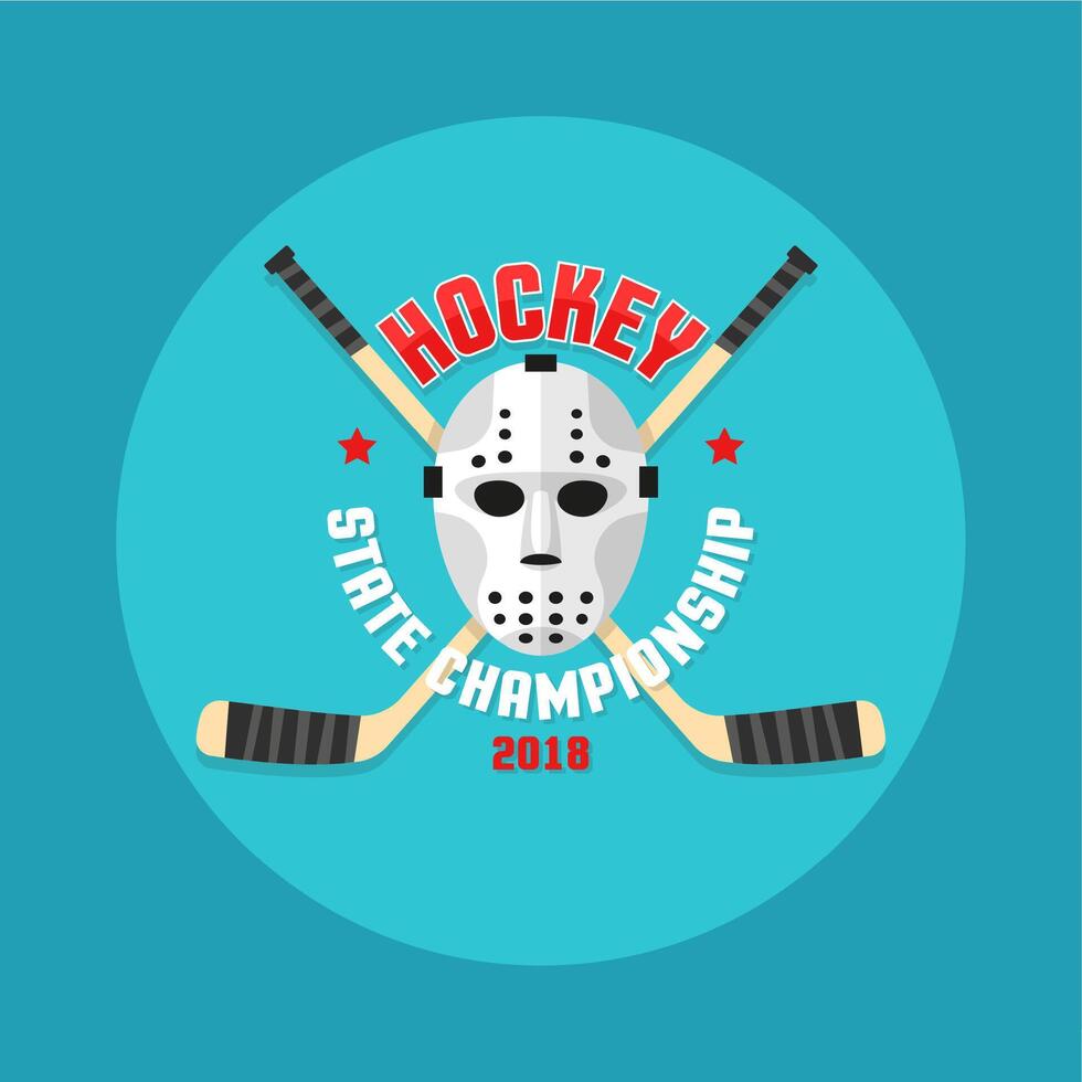 Hockey logo in a flat style with a goalkeepers mask and crossed sticks. vector