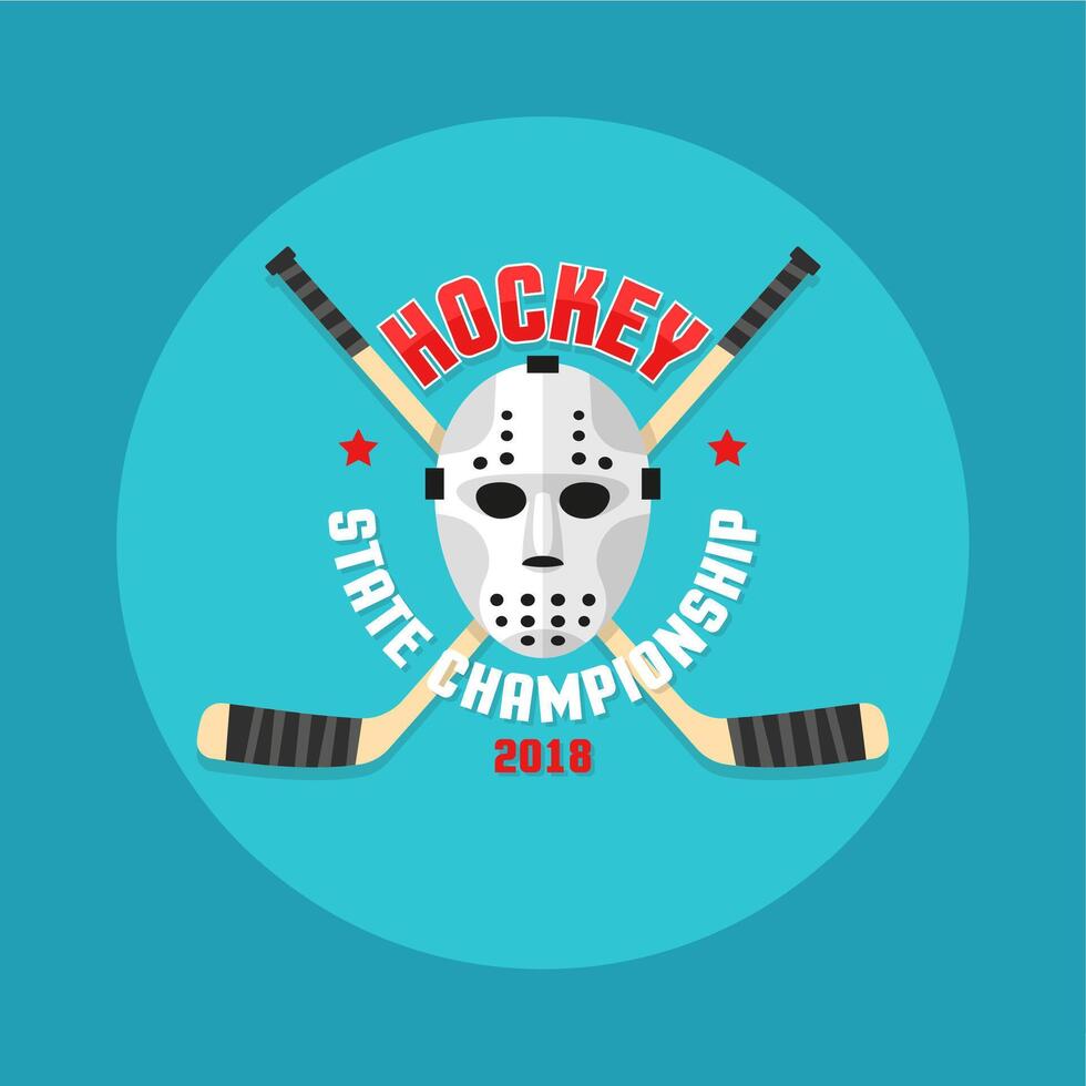 Hockey logo in a flat style with a goalkeepers mask and crossed sticks. vector