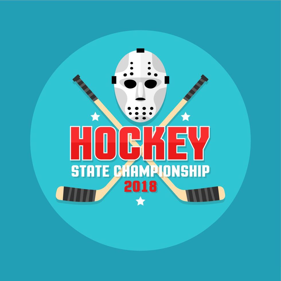 Hockey emblem with retro flat goalie mask and crossed sticks. vector