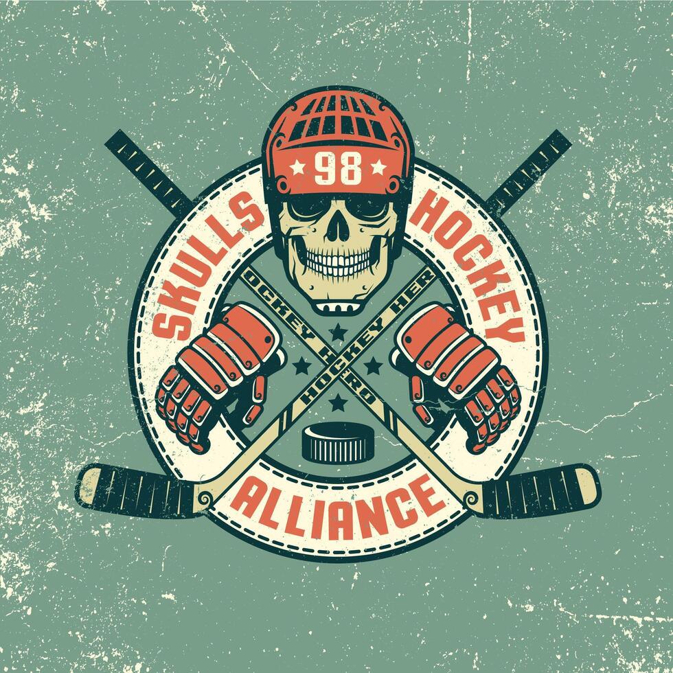 hockey logo, póster con cráneo, en retro colorante. grunge textura en separar capa y lata ser fácilmente desactivado. vector