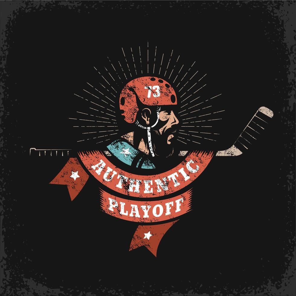 hockey grunge logo con jugador, palo y heráldico cinta vector