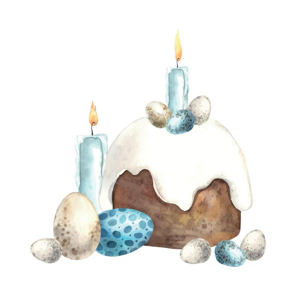Watercolor Easter composition with Easter cake, candles and different eggs. Hand drawn illustrations on isolated background for greeting cards, invitations, happy holidays, posters, graphic design, vector