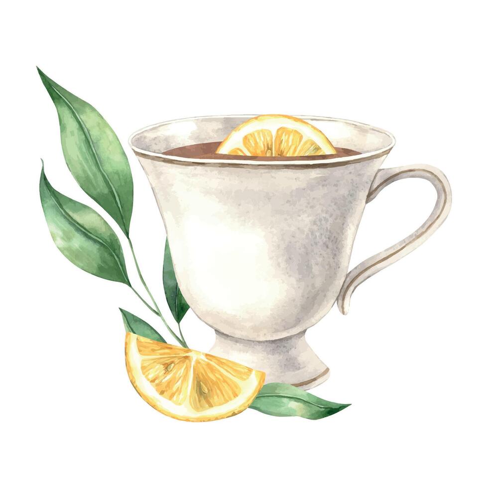 Watercolor composition with a ceramic mug, green lemon leaves and a lemon slice. Illustration is hand drawn, suitable for menu design, packaging, poster, website, textile, invitation, brochure. vector