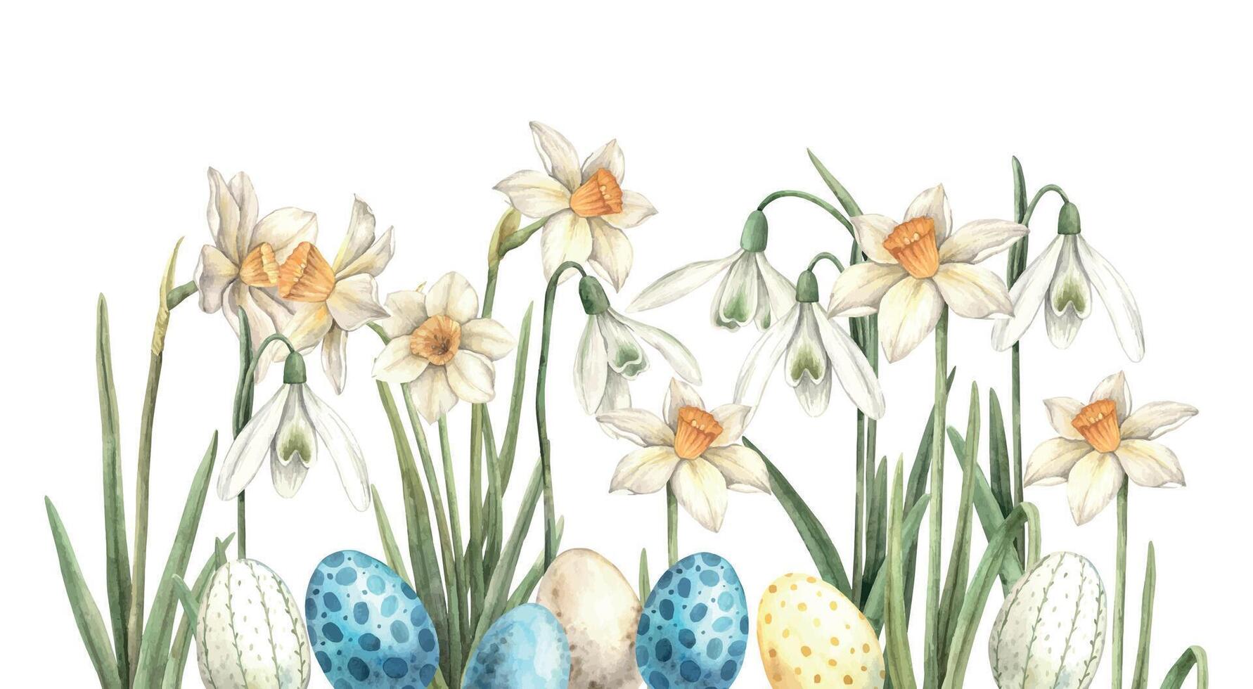 Watercolor Easter composition of multi-colored eggs and yellow daffodils. Hand drawn illustrations on isolated background for greeting cards, invitations, happy holidays, posters, graphic design vector