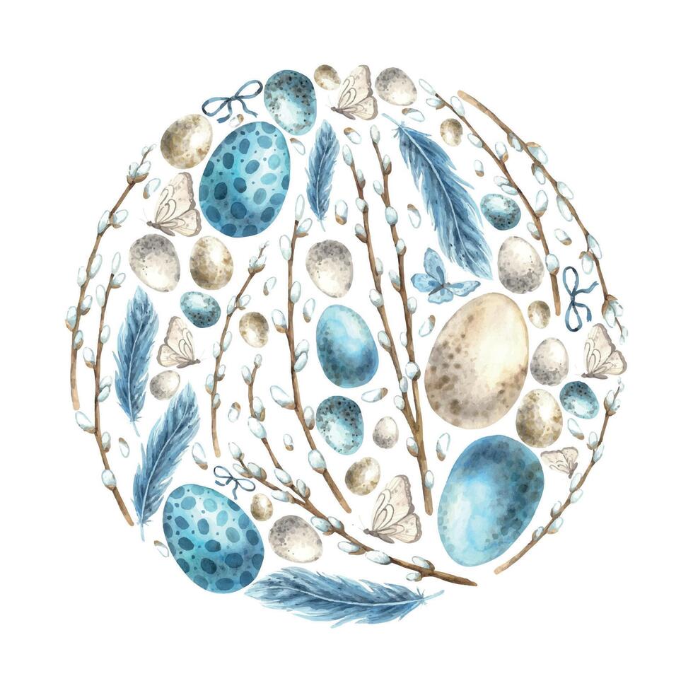 Watercolor round composition of willow, eggs, feathers and butterflies. Drawing on isolated background for greeting cards, invitations, happy holidays, posters, graphic design, print vector