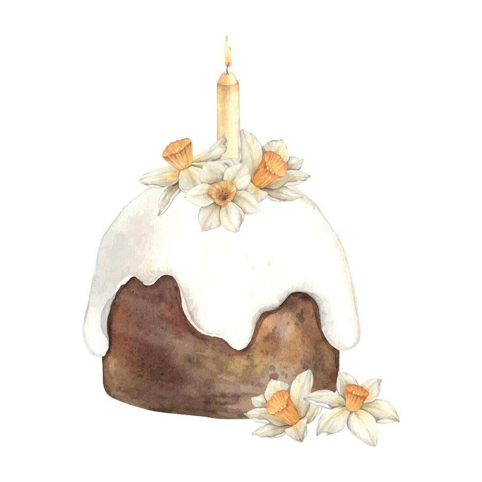 Watercolor Easter composition with Easter cake, daffodil flowers, candle. Hand drawn illustrations on isolated background for greeting cards, invitations, happy holidays, posters, graphic design, vector