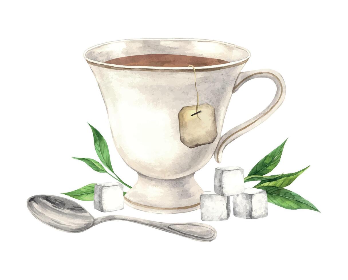 Vintage watercolor cup with tea leaves, saucer and spoon. The illustration is hand drawn on an isolated background. Drawing for menu design, packaging, poster, website, textile, invitations, brochure vector
