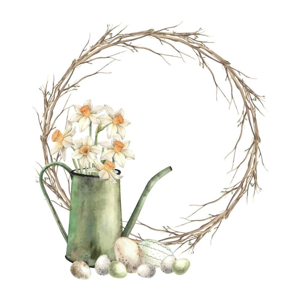 Watercolor round wreath of branches with watering can, daffodils and eggs. Hand drawn illustrations on isolated background for greeting cards, invitations, happy holidays, posters, graphic design vector
