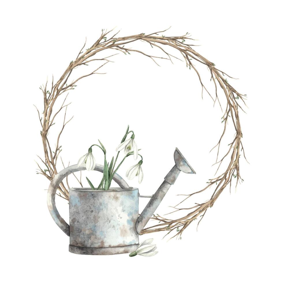 Watercolor round wreath of branches with a watering can and snowdrops. Hand drawn illustrations on isolated background for greeting cards, invitations, happy holidays, posters, graphic design, print vector