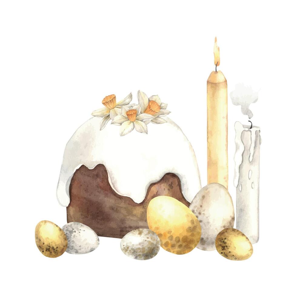 Watercolor Easter composition with Easter cake, daffodil flowers, candle and different eggs. Hand drawn illustrations on isolated background for greeting cards, invitations, happy holidays, posters vector