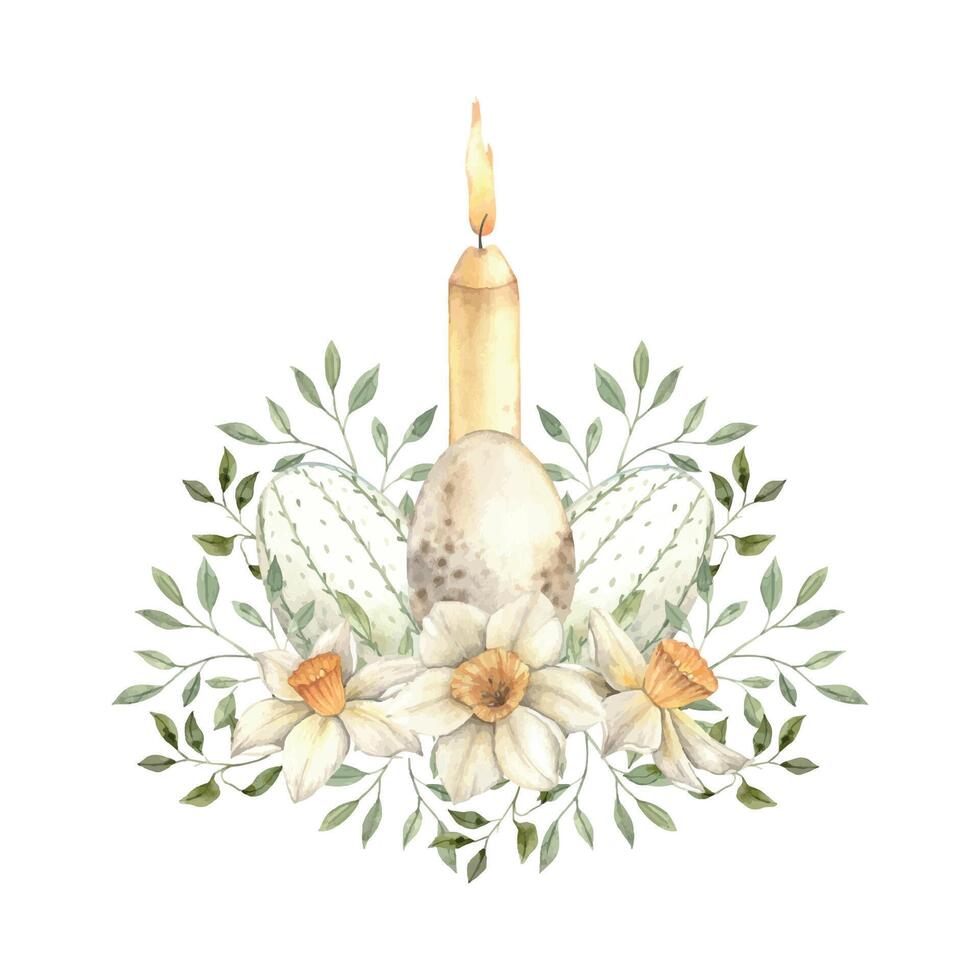 Watercolor Easter composition with burning candle, herbs, daffodils and eggs. Easter drawing on isolated background for greeting cards, invitations, happy holidays, posters vector