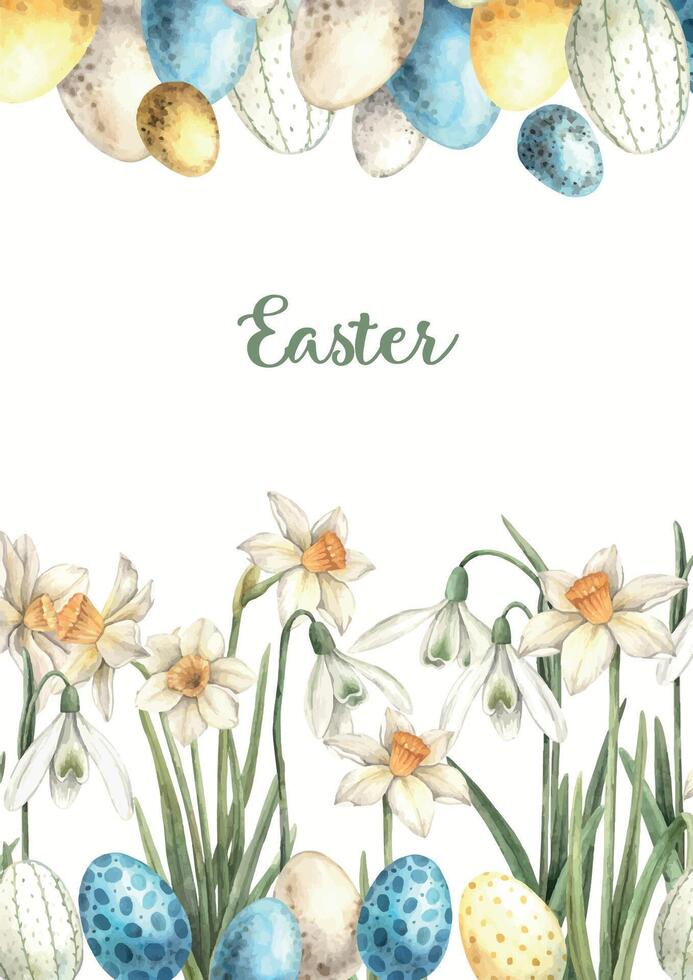 Watercolor Easter composition with text, Easter cakes, eggs and daffodils. Hand drawn illustrations on isolated background for greeting cards, invitations, happy holidays, posters, graphic design vector